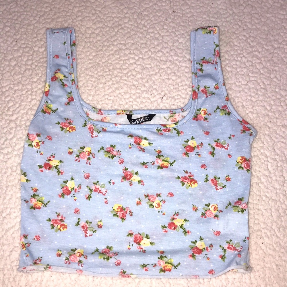 Blue cropped cami with flower designs